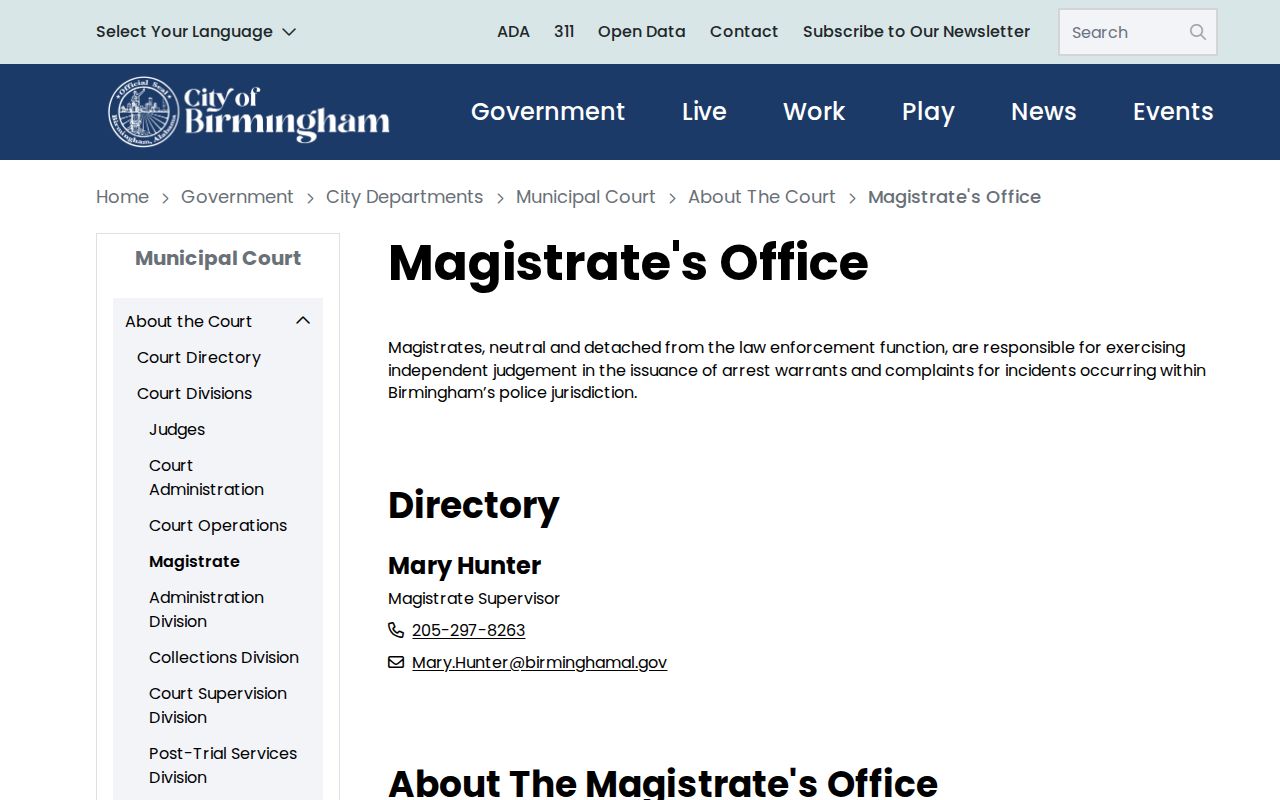 Birmingham criminal warrant deposition instructions from the Magistrate's Office